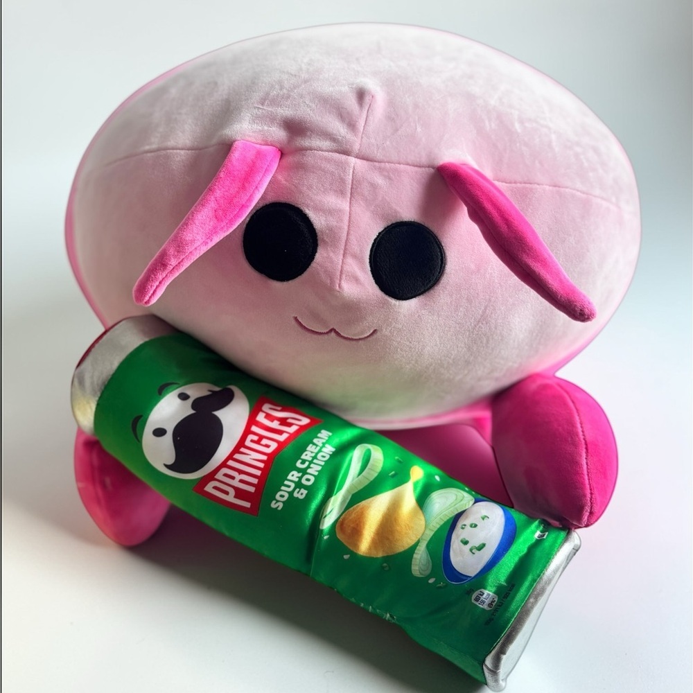 Pink Plush Toy Holding Chips Large Kawaii Pillow
